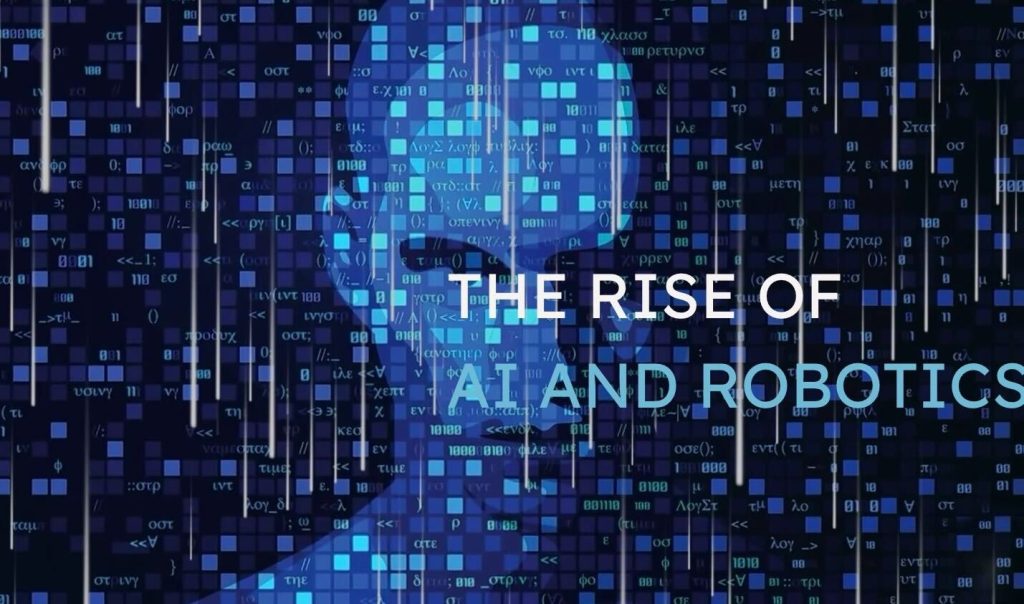 AIとロボティクスが進化する中、ソーイングロボットなどファッション業界への応用を象徴するデジタル風ロボットのビジュアル。