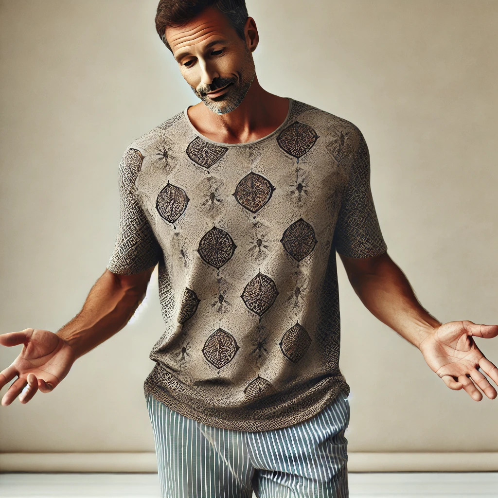 ゆったりとした柄入りTシャツとカジュアルなショーツを着た、スタイリッシュな中年男性が、両腕を広げて少し困ったような表情を浮かべて立っている様子