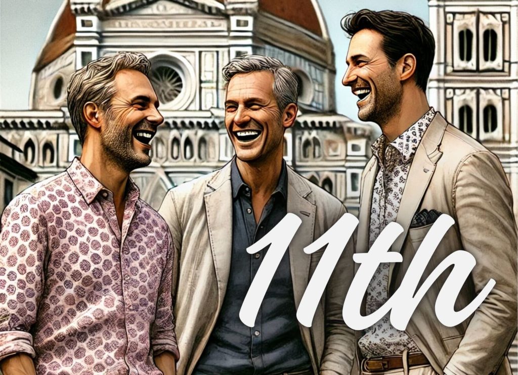 ウツボストック11周年を祝うビジュアル。フィレンツェのドゥオーモを背景に、イタリアンファッションを纏った3人の男性が笑顔で並ぶ記念イメージ