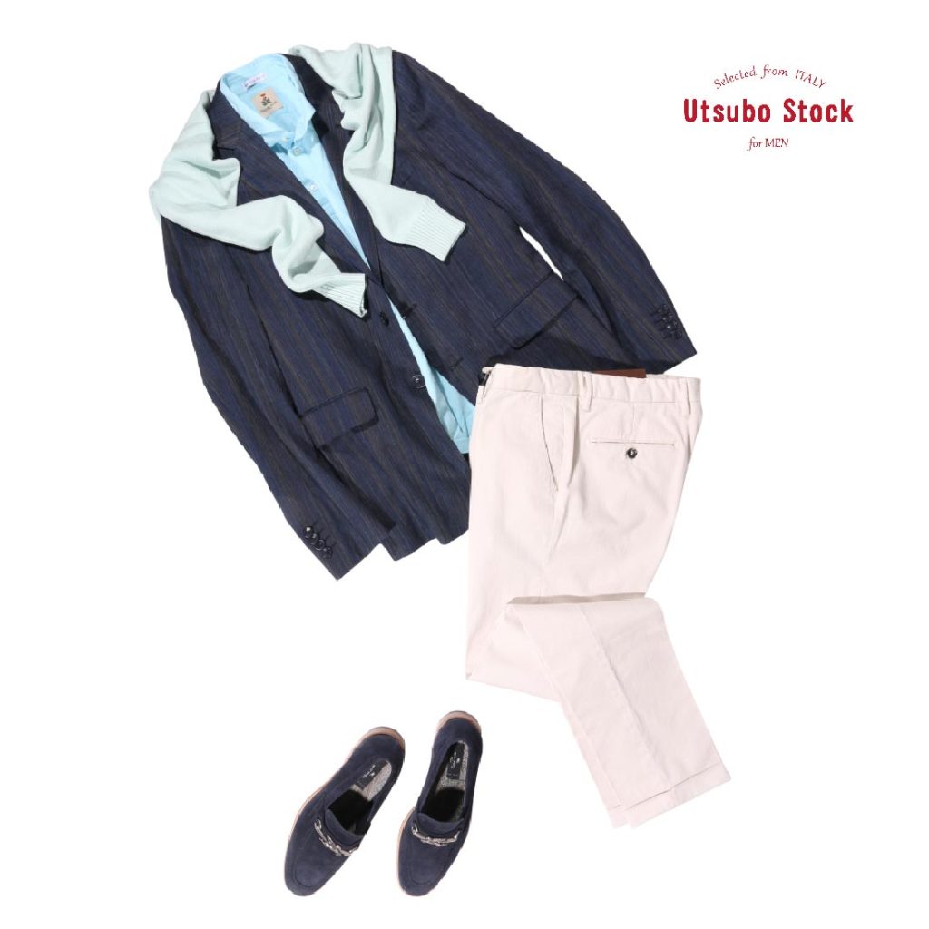 爽やかなジャケパンスタイル。
鹿の子ポロならではの通気性と軽快な肌触りは気温が上がるこれからの季節に最適でして、涼し気なスカイブルーの色合いも合わさり、スタイリングに自然な明るさを添えてくれます。