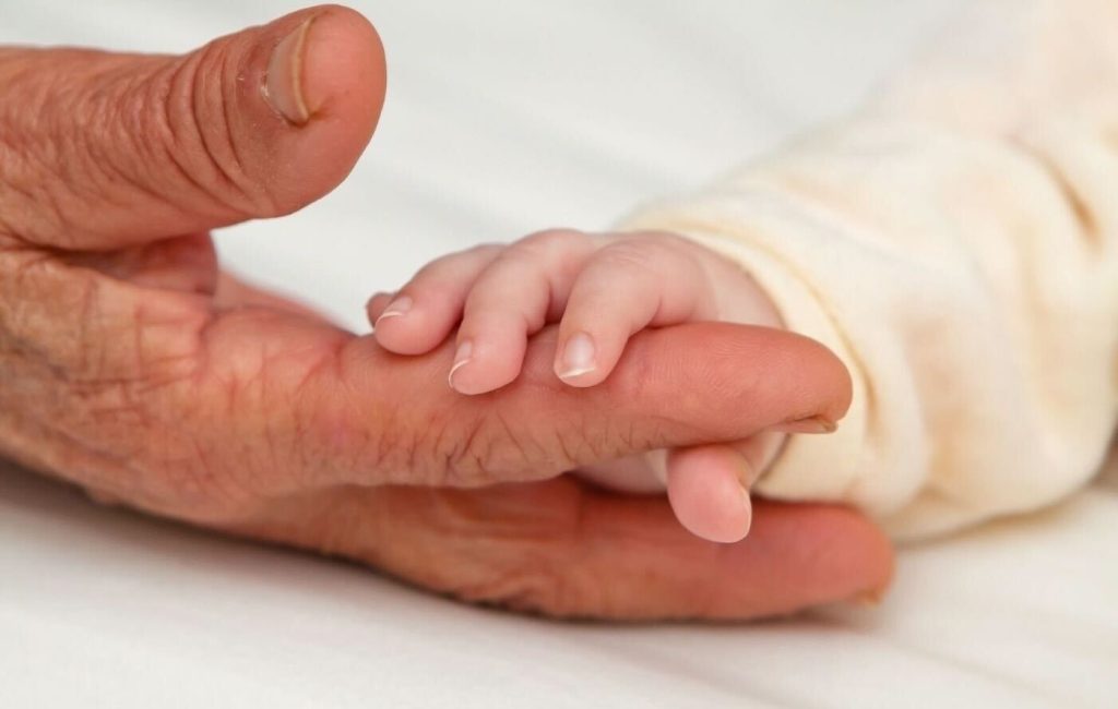 赤ちゃんの小さな手と高齢者のしわのある手が触れ合う瞬間