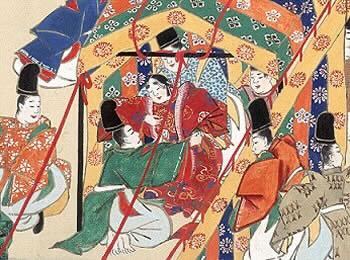 平安装束をまとった人々が色とりどりの屋形に集まり、華やかな儀式や遊びを楽しむ様子を描いた絵巻。赤、緑、橙などの装束が重なり合い、平安貴族の豊かな色彩文化が感じられる。
