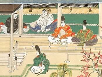 平安時代の宮中の様子を描いた絵巻物。色鮮やかな装束に身を包んだ貴族たちが、縁側に座って談話している。手前には緑の衣を着た人物も描かれ、優雅な四季の風景が広がる。