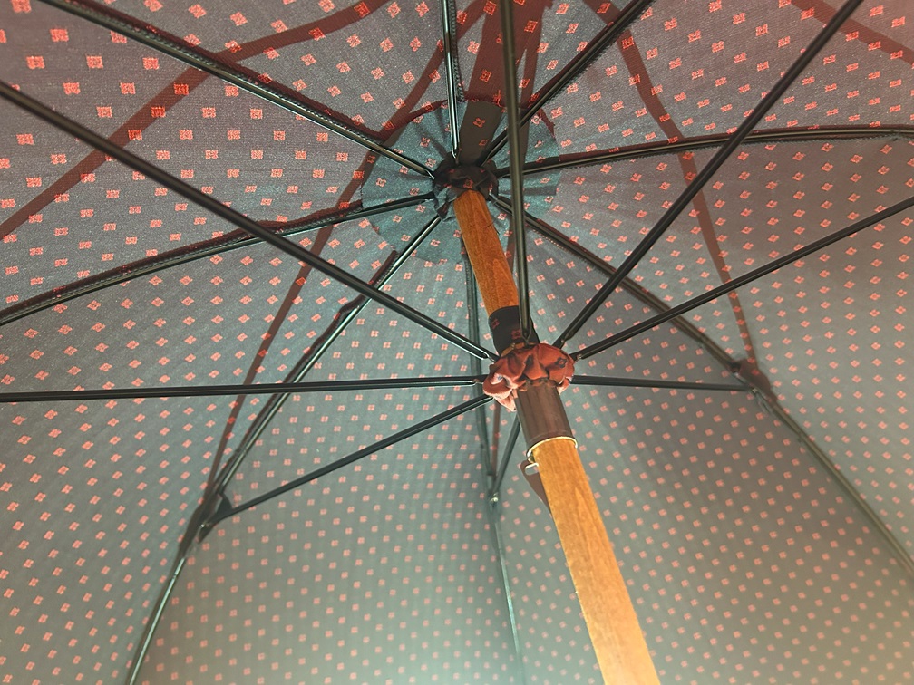 内側の骨組みと透ける赤い花柄刺繍が見える内部ビュー