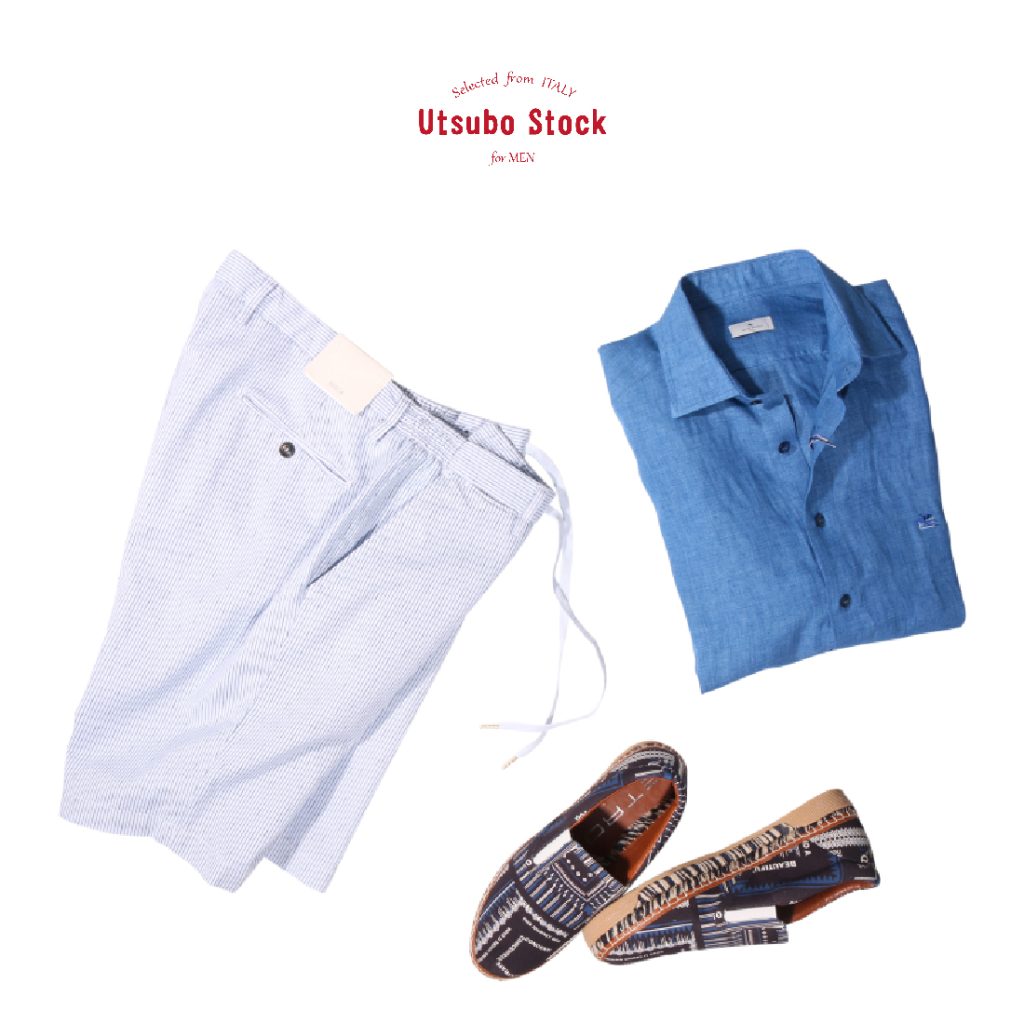 BRIGLIAのストライプショーツに、青のリネンシャツと柄エスパドリーユを合わせた夏のリゾートスタイリング