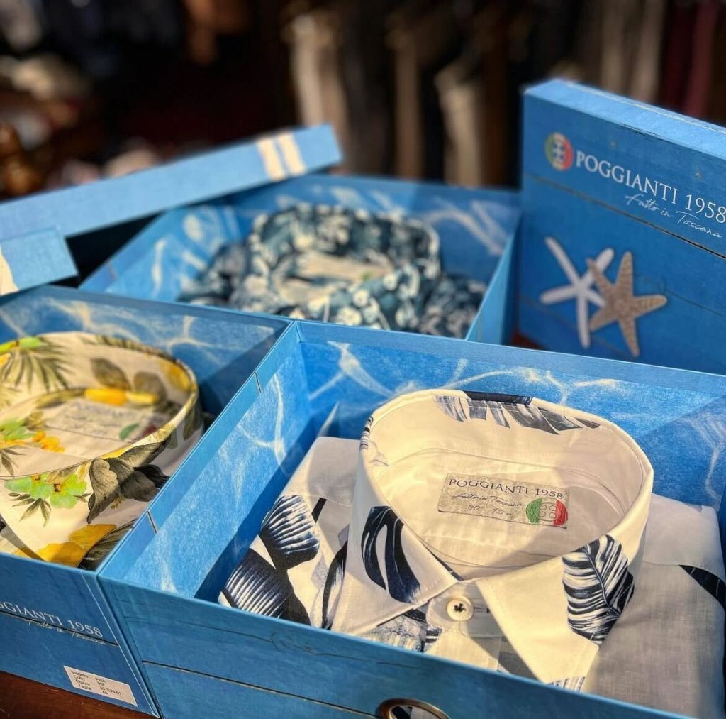海をイメージしたボックスに収められたPOGGIANTI 1958のリゾート感漂う柄シャツコレクション