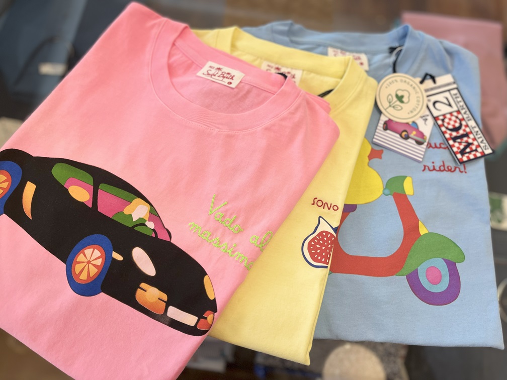 Saint BarthのイタリアンポップTシャツ3色展開（車・バイク・イチジクモチーフ）