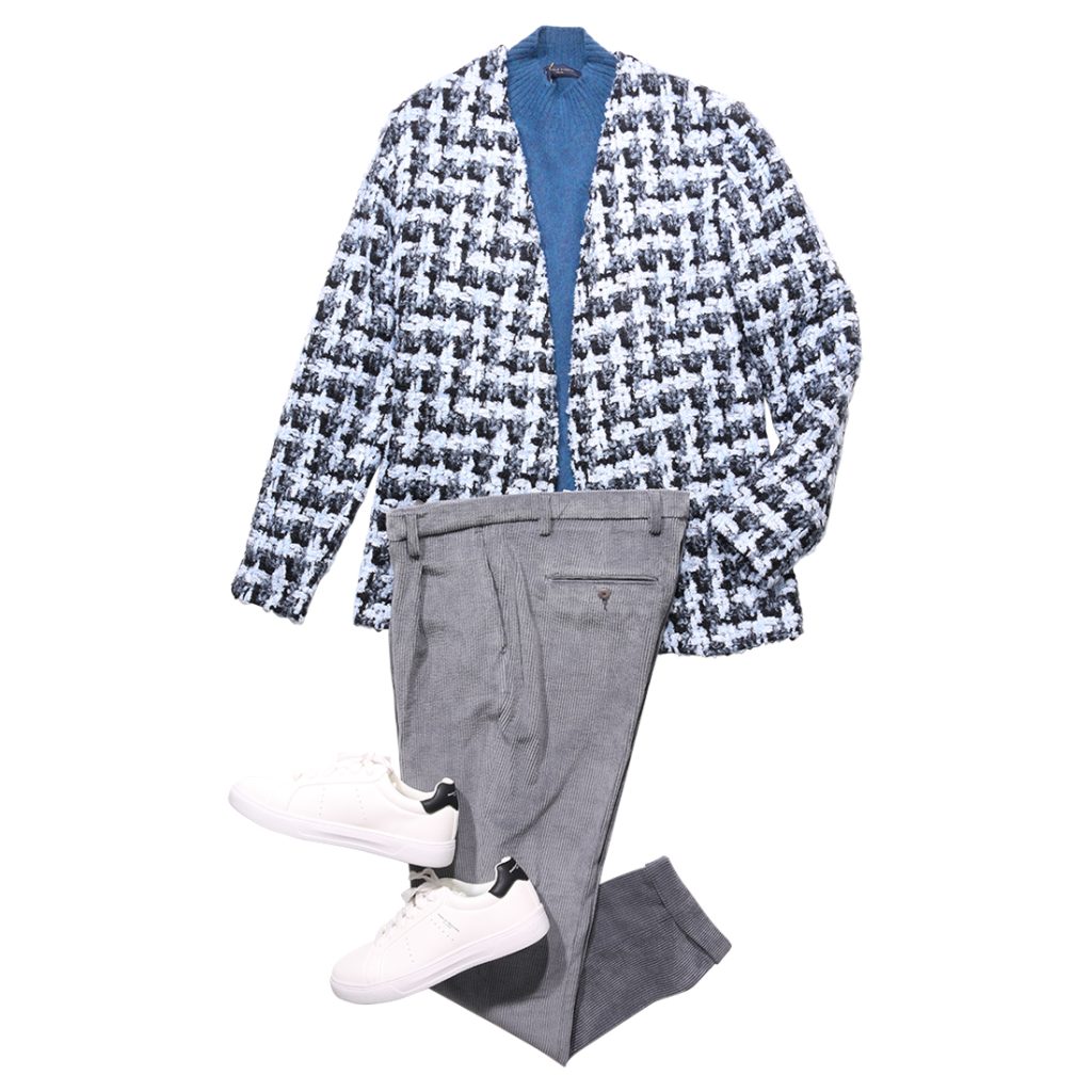 AMCOUTUREノーカラージャケットにDANIELE FIESOLIのハイネックニットとBarbatiコーデュロイを合わせた都会的カジュアルコーデ