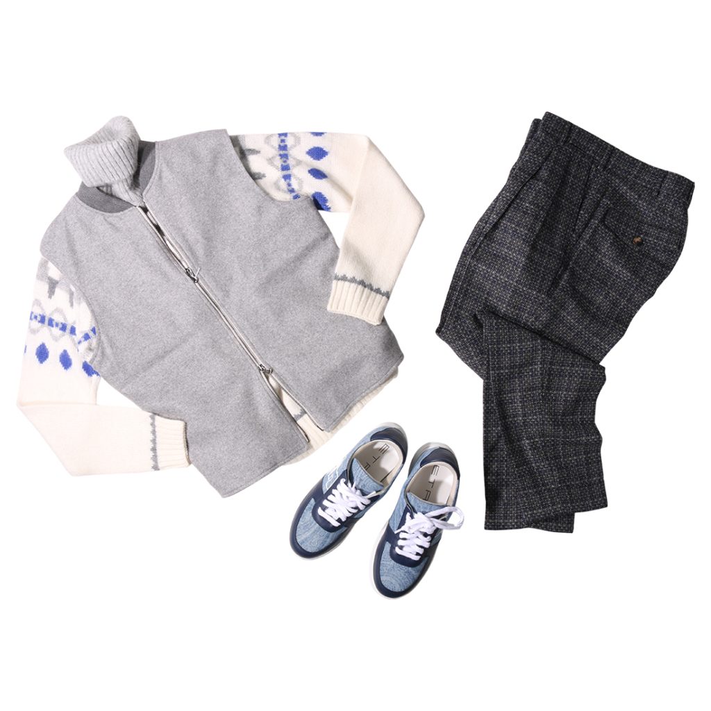 LATORREのカシミアジップアップベストにフェアアイル柄ニットを重ね、PT TORINOのチェック柄パンツとAtlantic STARSのスニーカーでまとめた大人の冬コーデ