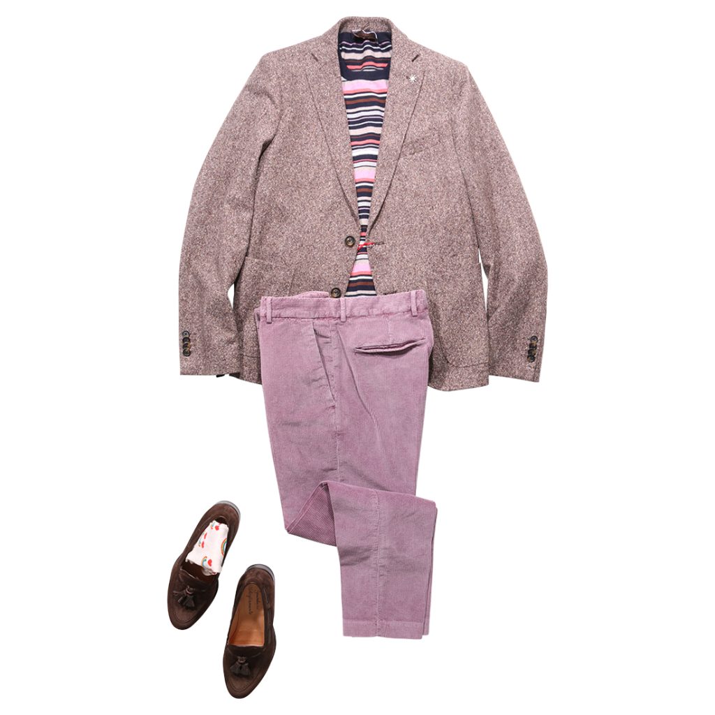 ジャケット×ボーダーニット×コーデュロイパンツの色合わせが特徴的なスマートカジュアル一式
