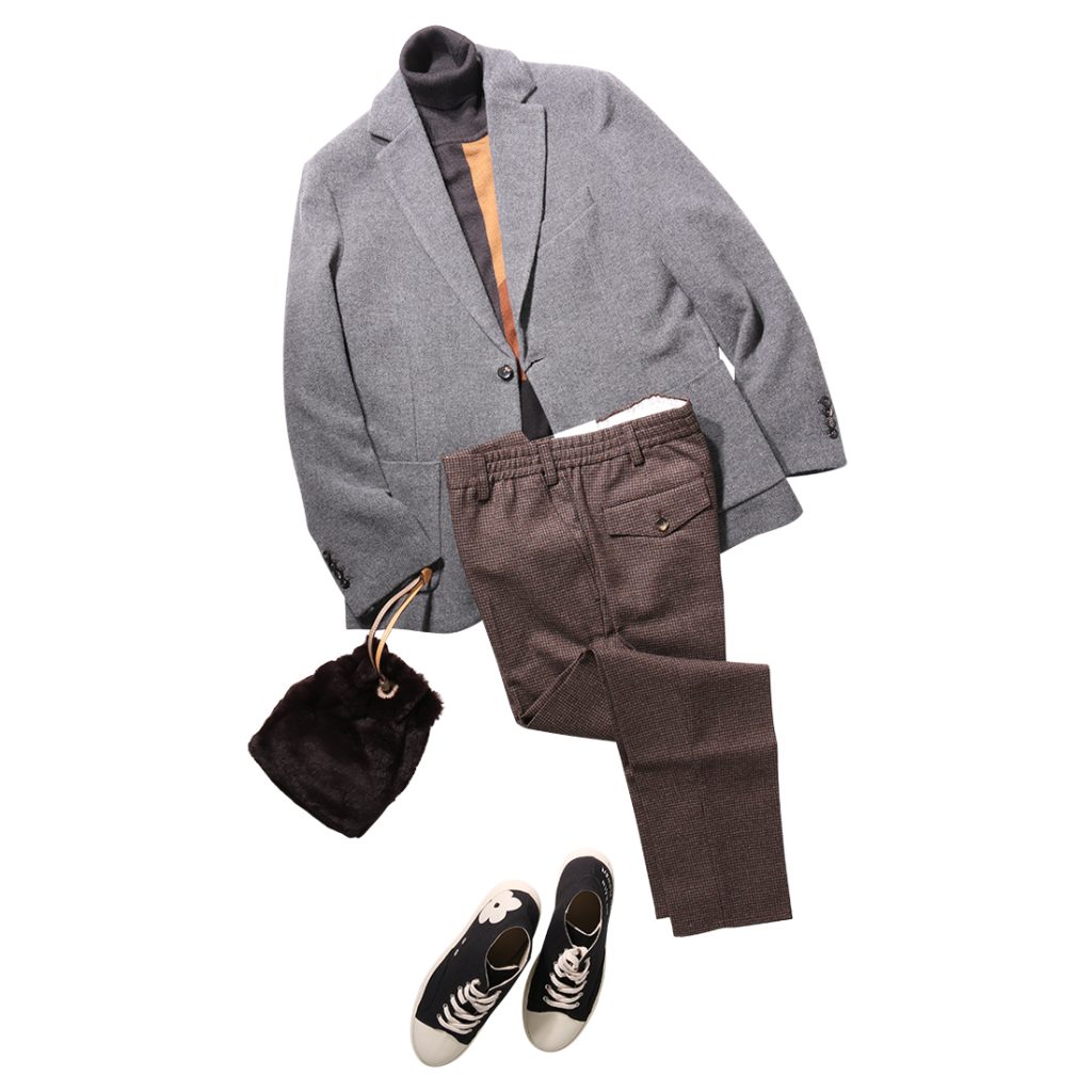 CIRCOLO 1901ジャケットにANTONY MORATOのクレイジーパターンタートルネックを合わせた大人の柄使いコーディネート