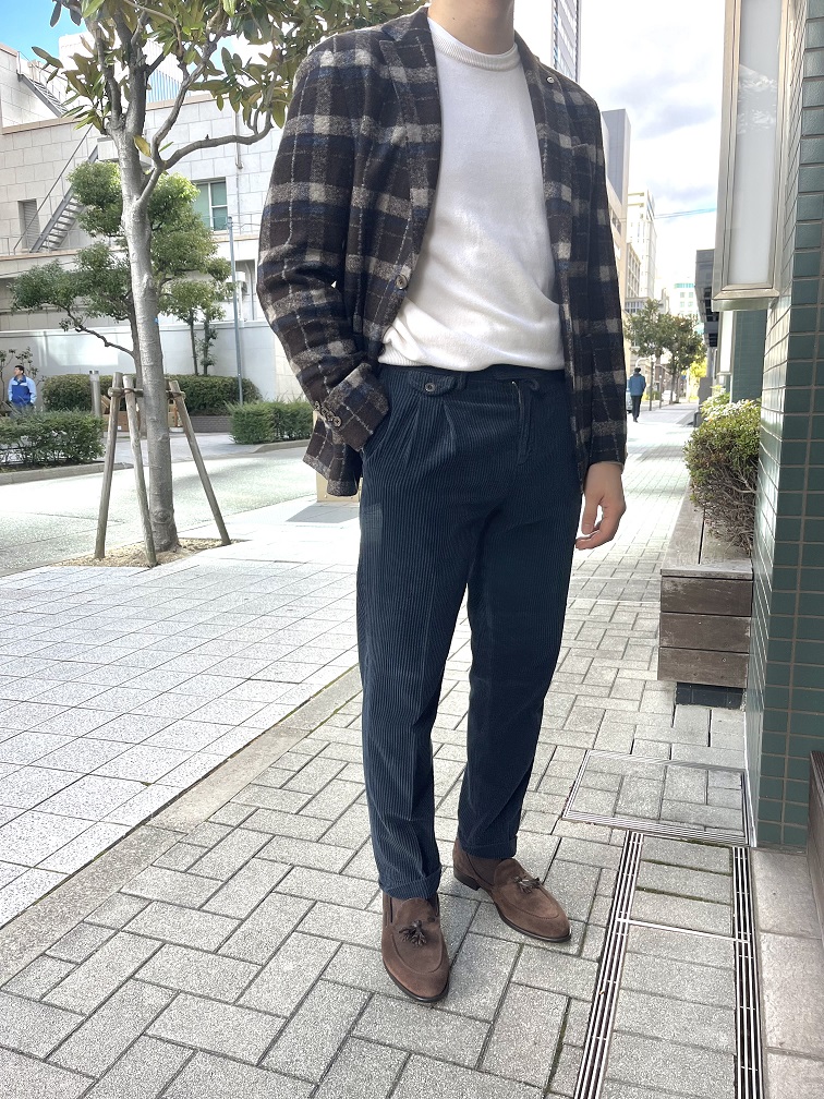 L.B.M.1911 タータンチェック起毛ジャケットとコーデュロイパンツを合わせた秋冬メンズコーディネート