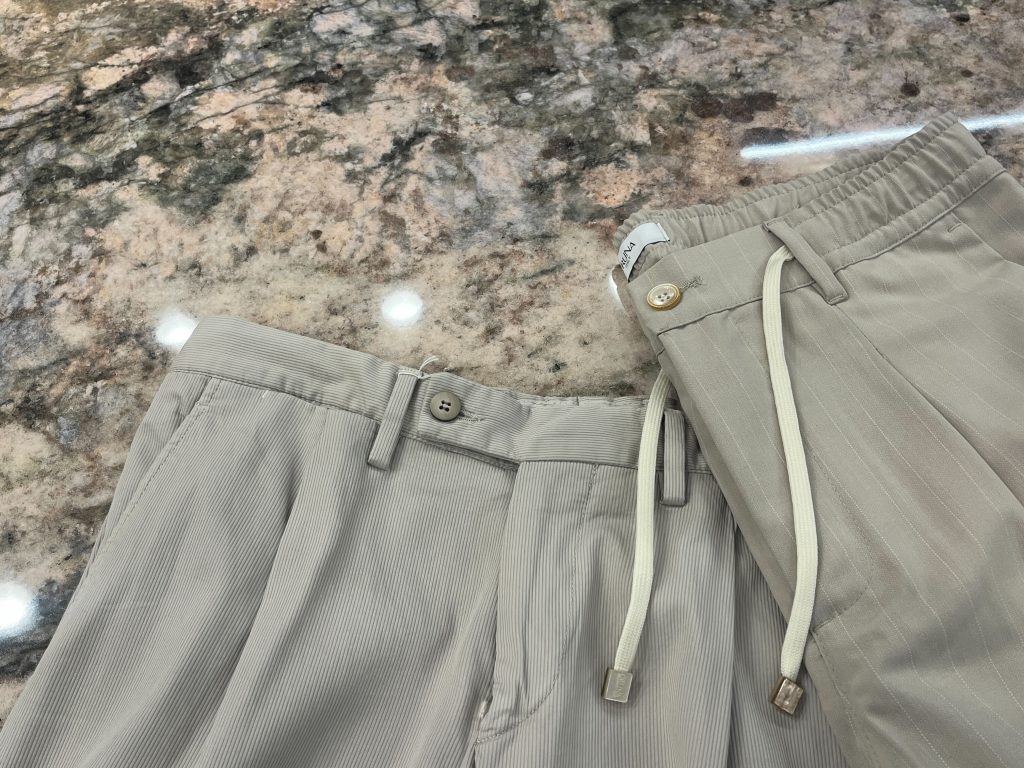 ベージュ ドローコードパンツ ピンストライプ仕様 イージーパンツ 大人のリラックススタイル Utsubo Stock