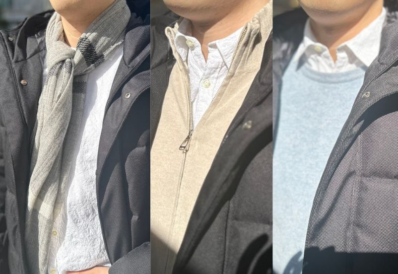 明るいインナーを差し込み顔映りを改善した黒ダウンの春コーディネート比較3体。