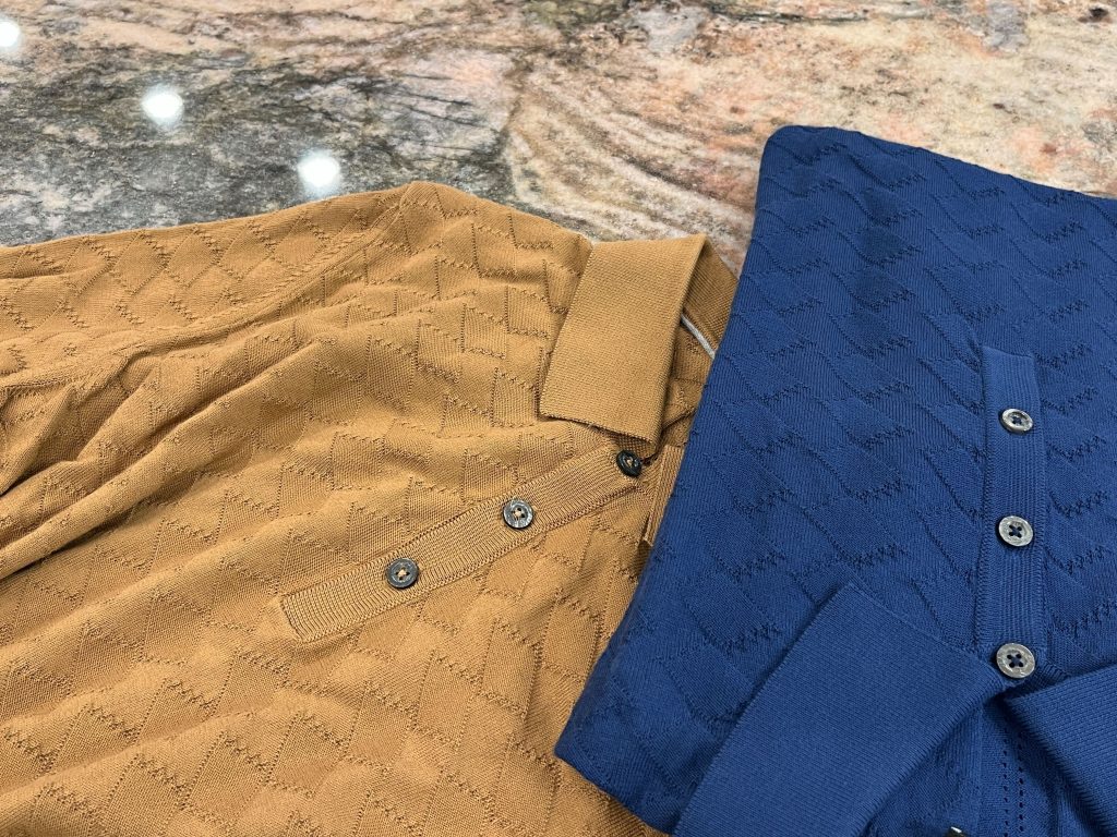 ブラウン ネイビー ジャカード編み ニットポロ メンズ コットン 半袖 ニットディテール