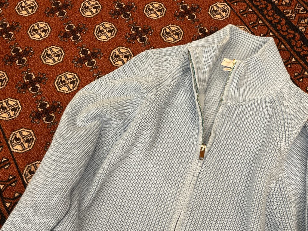 ライトブルー ジップアップニット メンズ コットンニット 春トップス