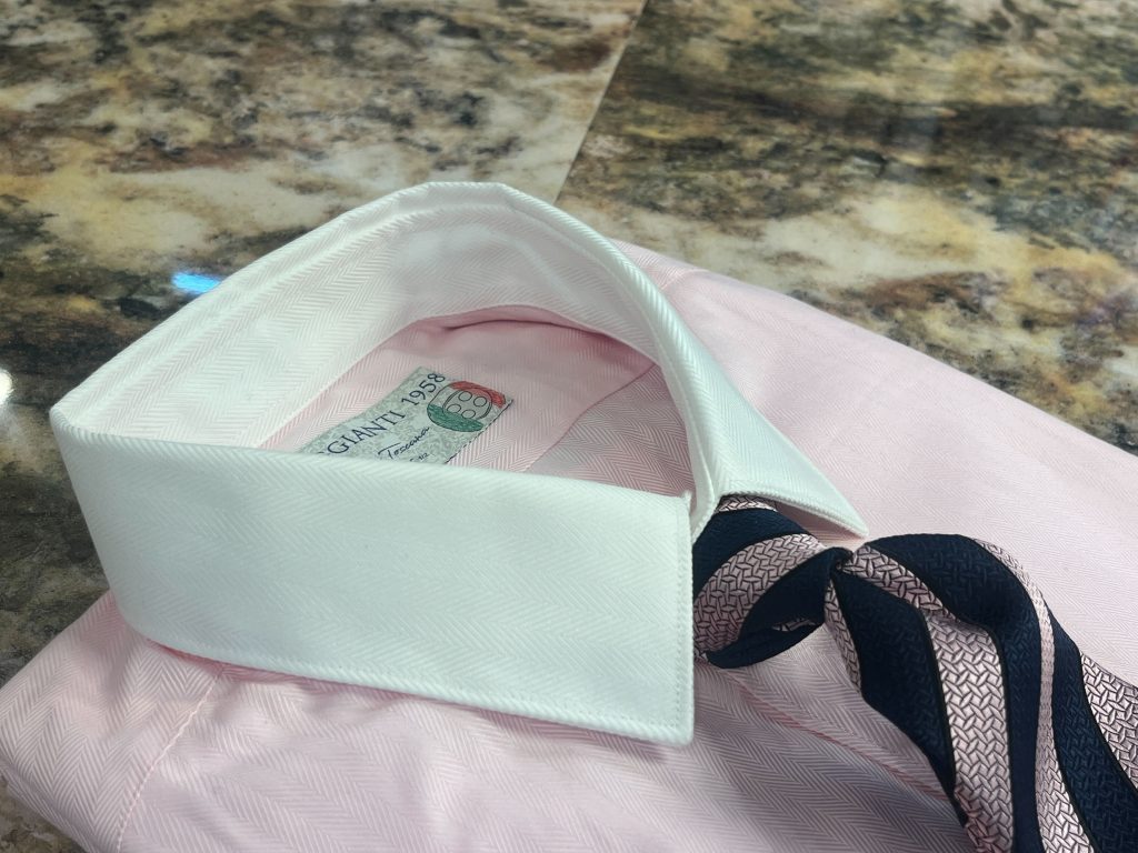 POGGIANTI1958 ピンク クレリックシャツ ヘリンボーン 白襟 ドレスシャツ イタリア製