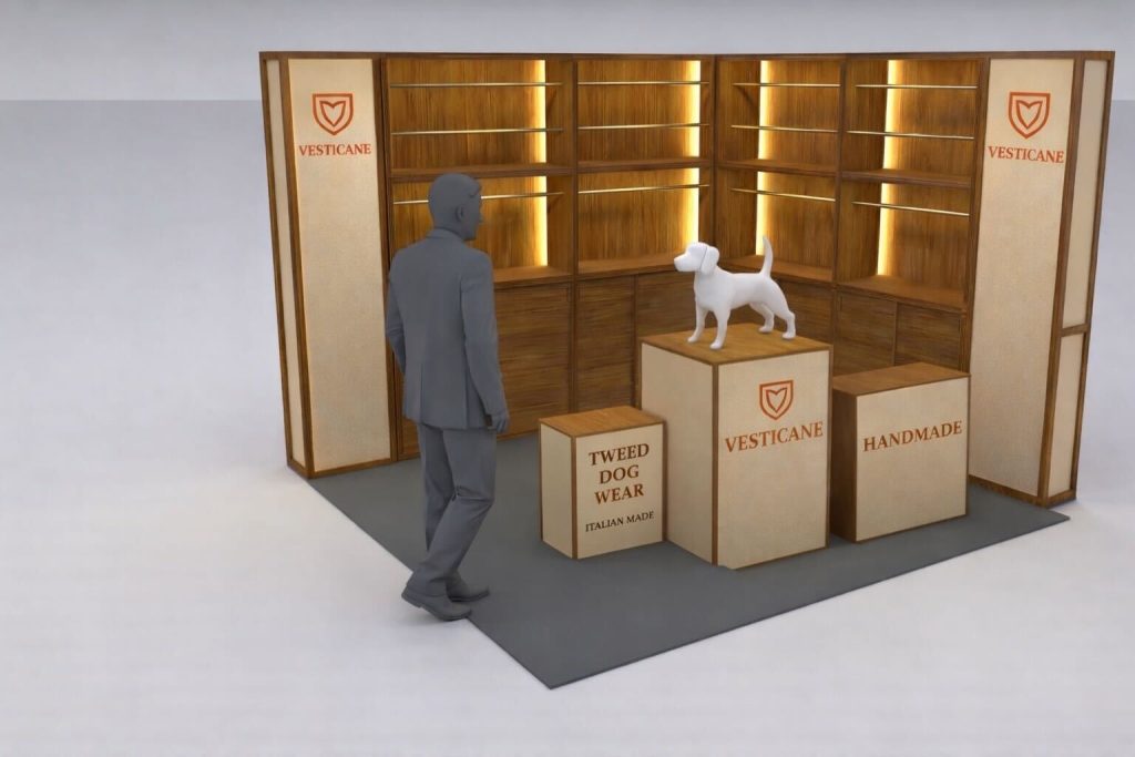 VESTICANEのインターペット東京2026ブースイメージ。ウッド調什器とブランドロゴを配置したドッグウェア展示空間