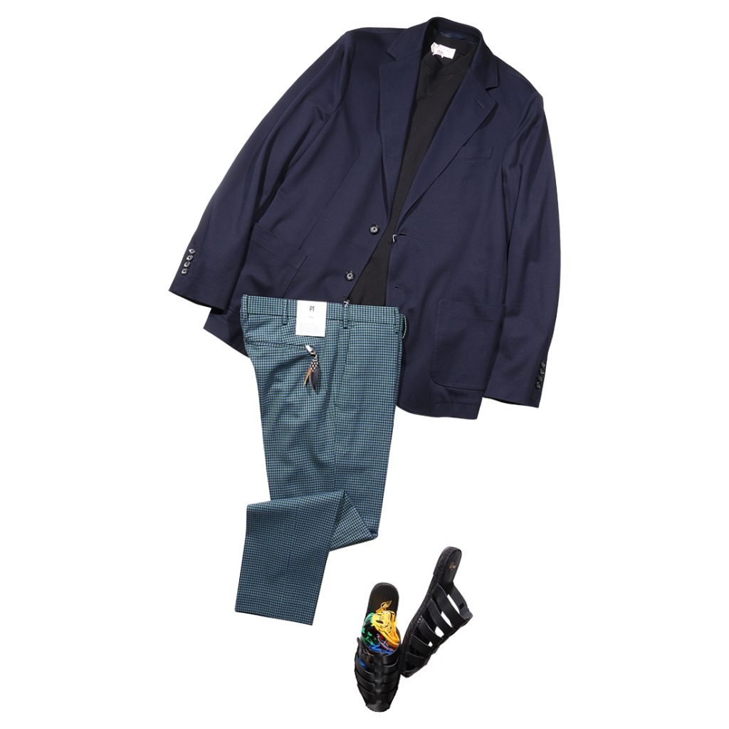 CIRCOLO1901ネイビージャケットとPT TORINOハウンドトゥースパンツのメンズコーデ