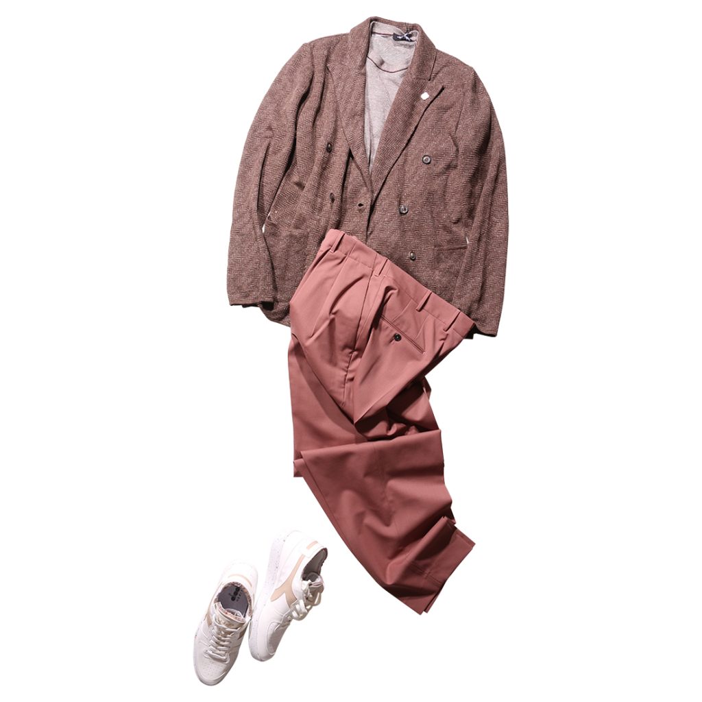 LARDINIニットジャケットとPT TORINOテラコッタパンツにdiadoraスニーカーを合わせた春夏コーディネート