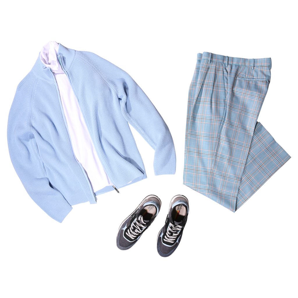 DANIELE FIESOLIのブルージップアップニットとチェックパンツを合わせた春のメンズコーディネート