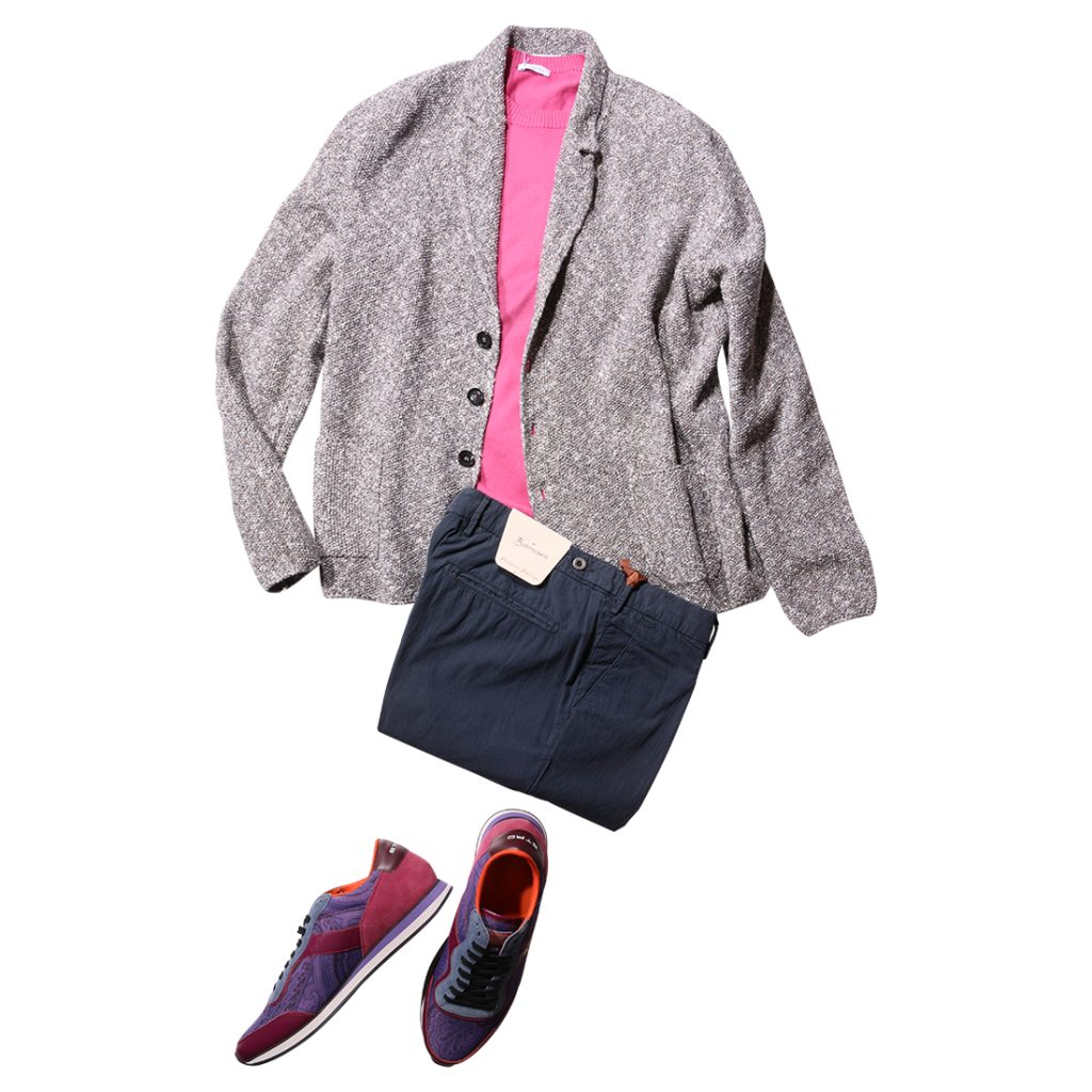 +39 masqのニットジャケットにmaloのピンクニットとシアサッカーパンツを合わせた春夏コーディネート